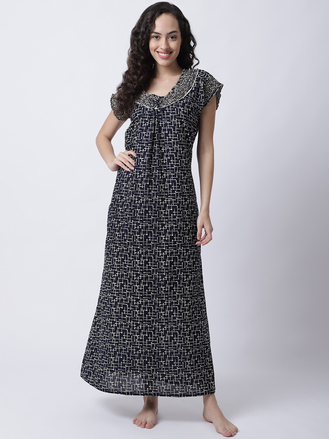 

Secret Wish Navy Blue Printed Maxi Nightdress