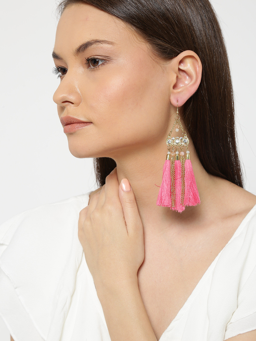 

Blueberry Gold-Toned & Pink Tassel Drop Earrings