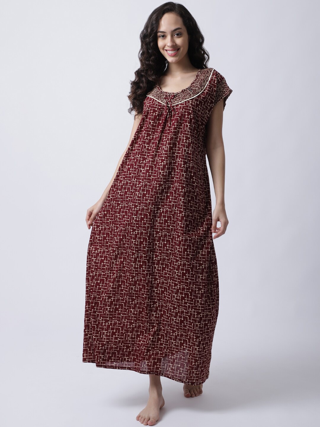 Secret Wish Women Maroon Printed Maxi Nightdress