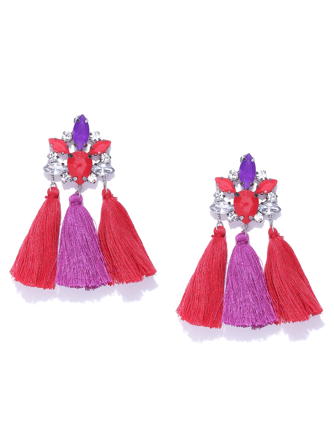 

Blueberry Purple & Red Stone-Studded Tassel Drop Earrings