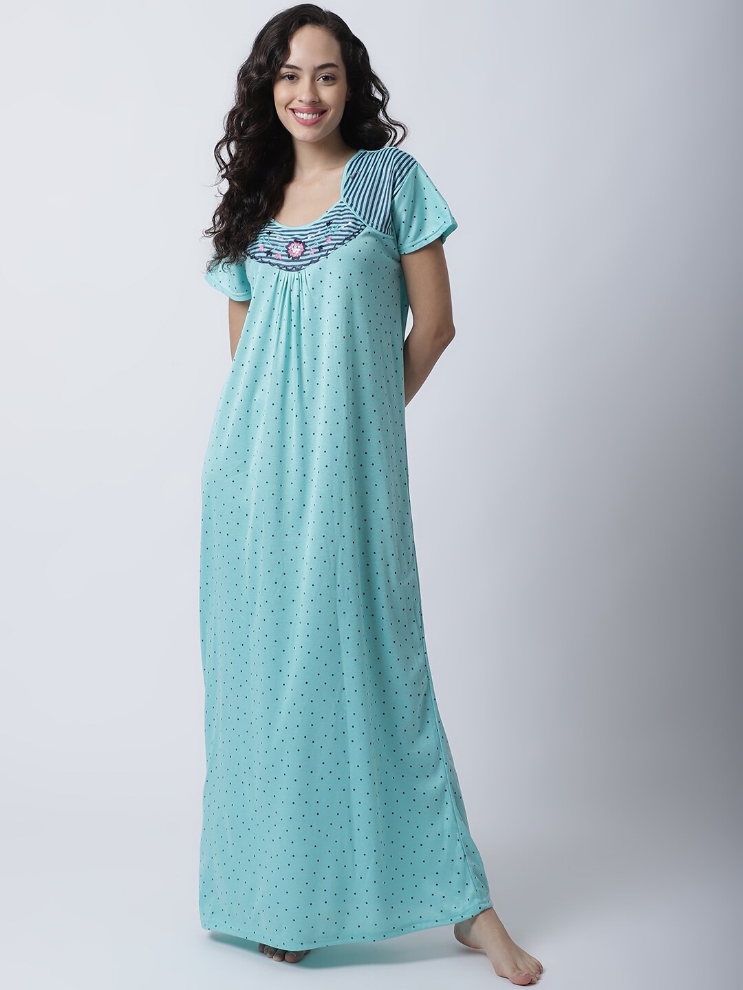 Secret Wish Women Blue Printed Maxi Nightdress