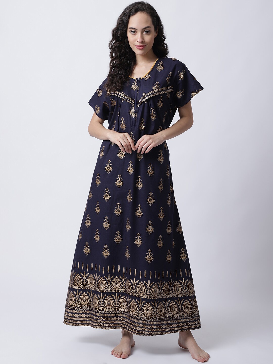 

Secret Wish Women Navy Blue Printed Maternity Pure Cotton Maxi Nightdress