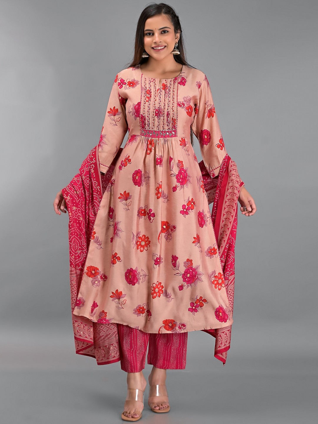 

EtnicaWear Women Pink Floral Printed Pure Cotton Kurta with Trousers & With Dupatta