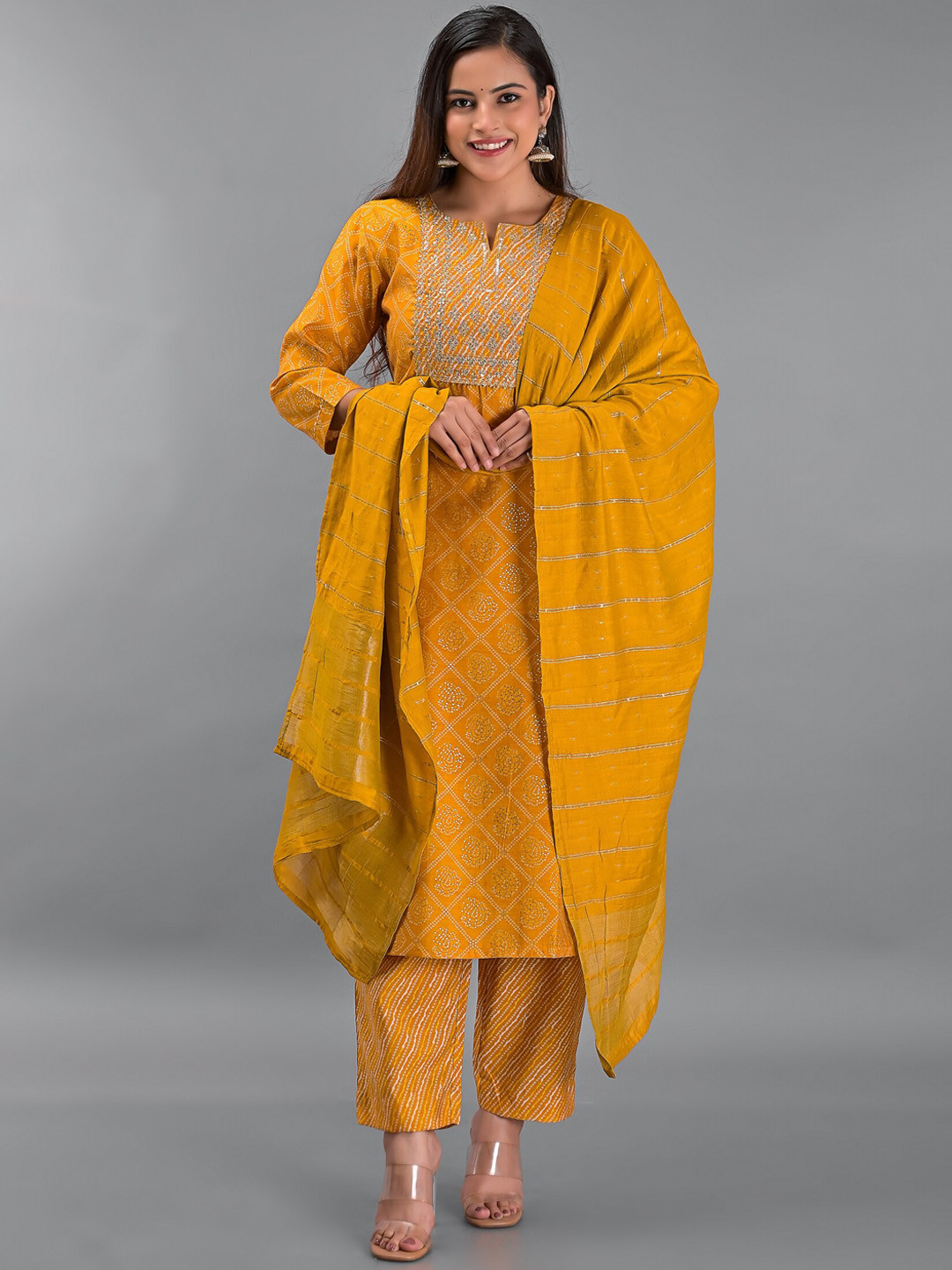 

EtnicaWear Women Yellow Bandhani Printed Sequinned Pure Cotton Kurta with Trousers & With Dupatta