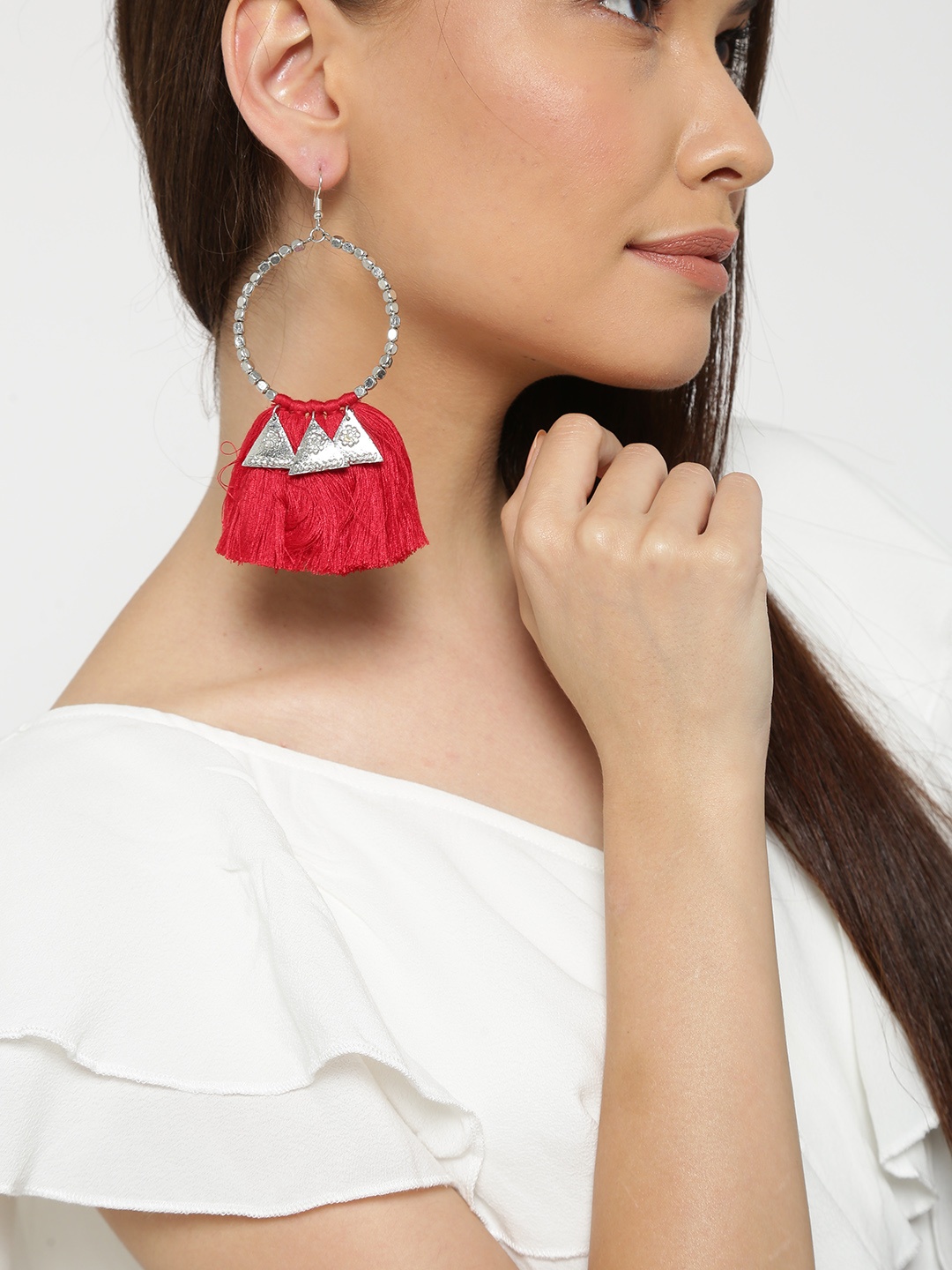 

Blueberry Silver-Toned & Red Circular Tassel Drop Earrings