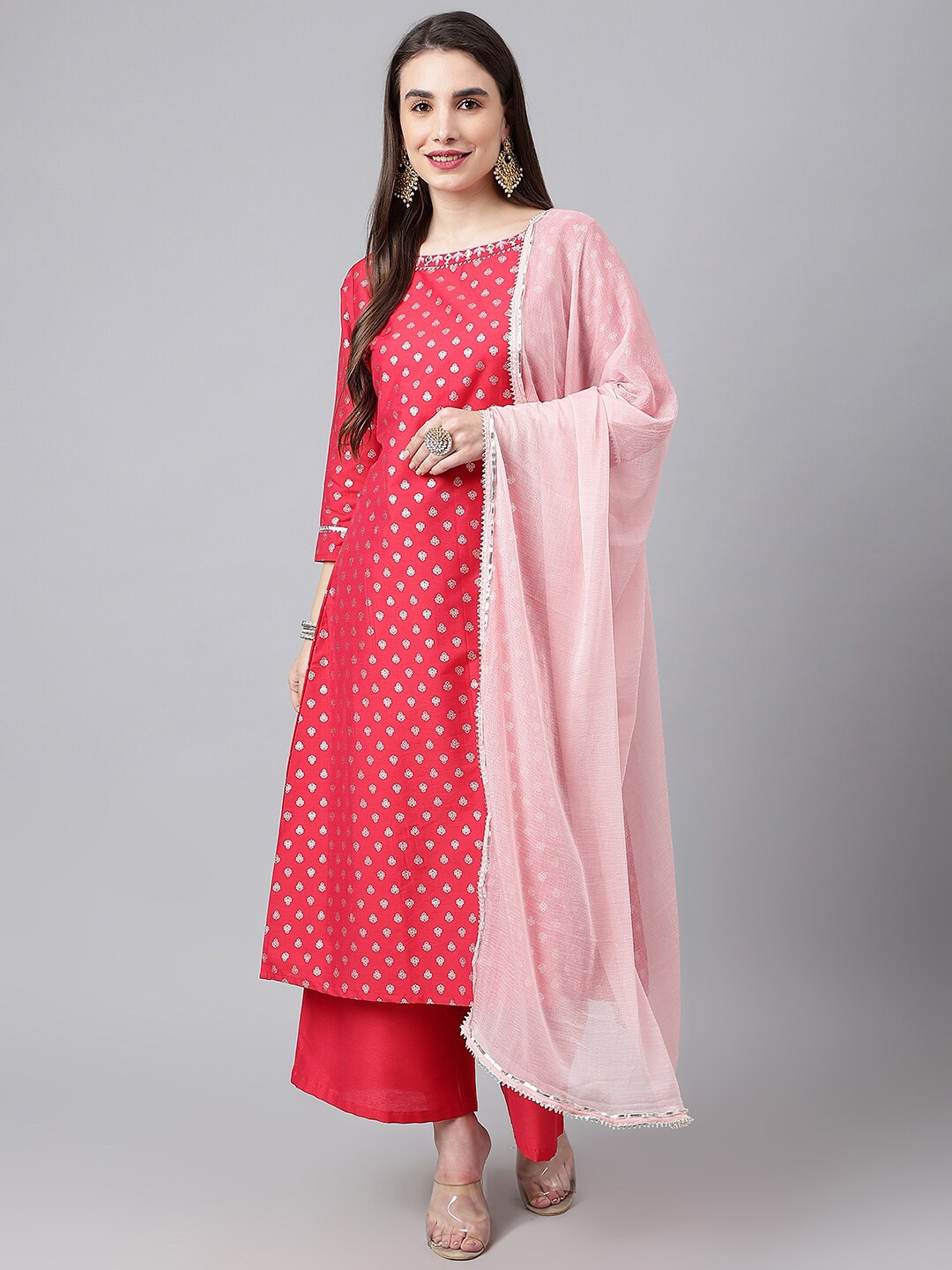 

SIAH Women Fuchsia Ethnic Motifs Embroidered Kurta with Palazzos & With Dupatta