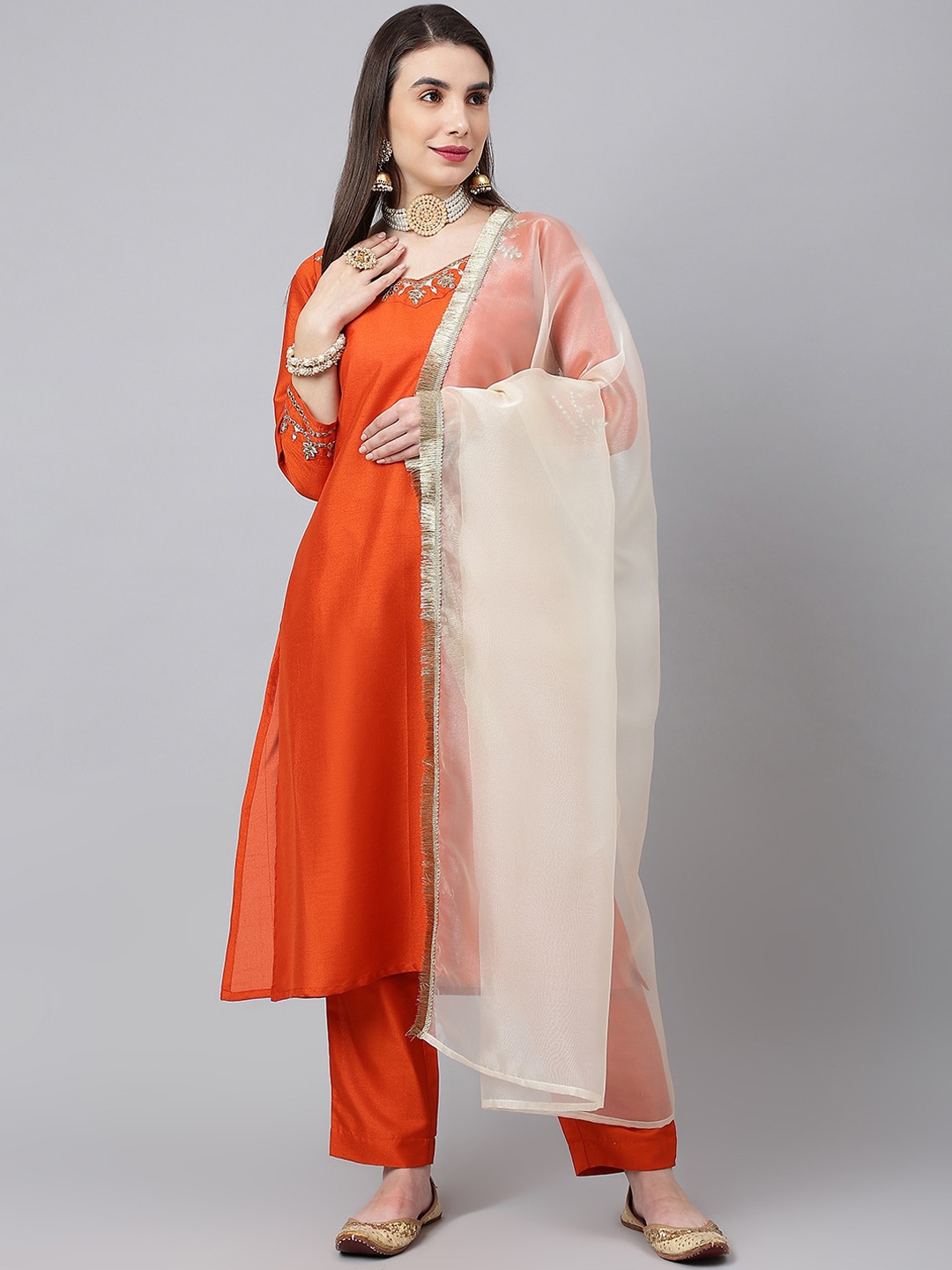 

SIAH Women Rust Embroidered Silk Crepe Kurta with Trousers & With Dupatta