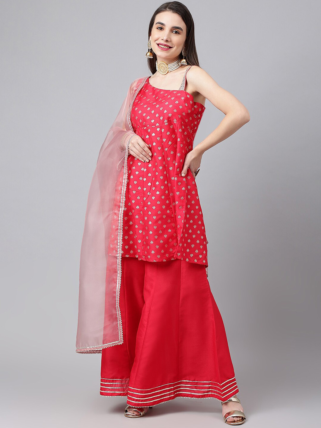 

SIAH Women Red & Pink Printed Silk Crepe A-Line Kurta With Sharara & With Dupatta