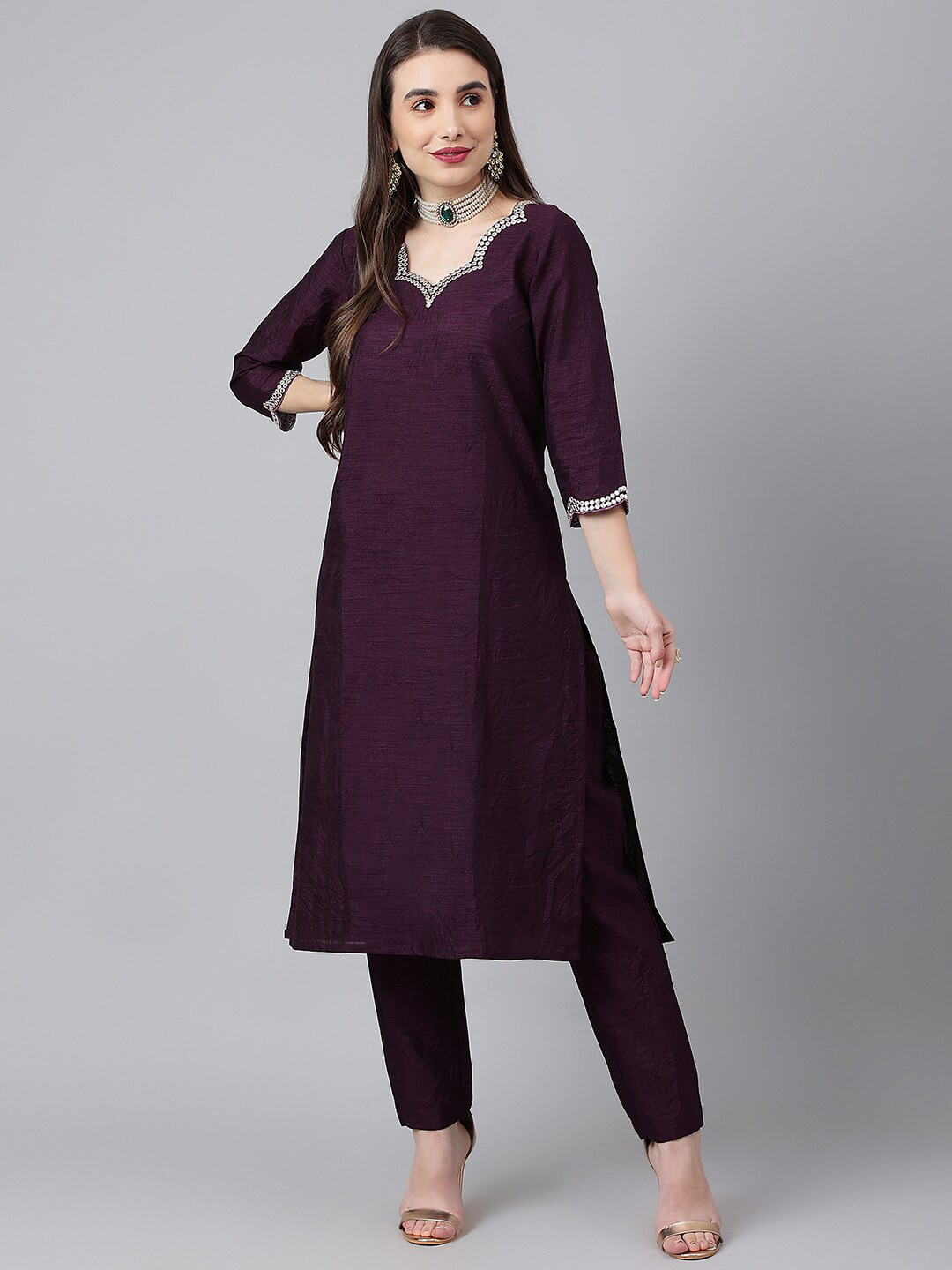 

SIAH Women Purple Mirror Work Kurta with Trousers