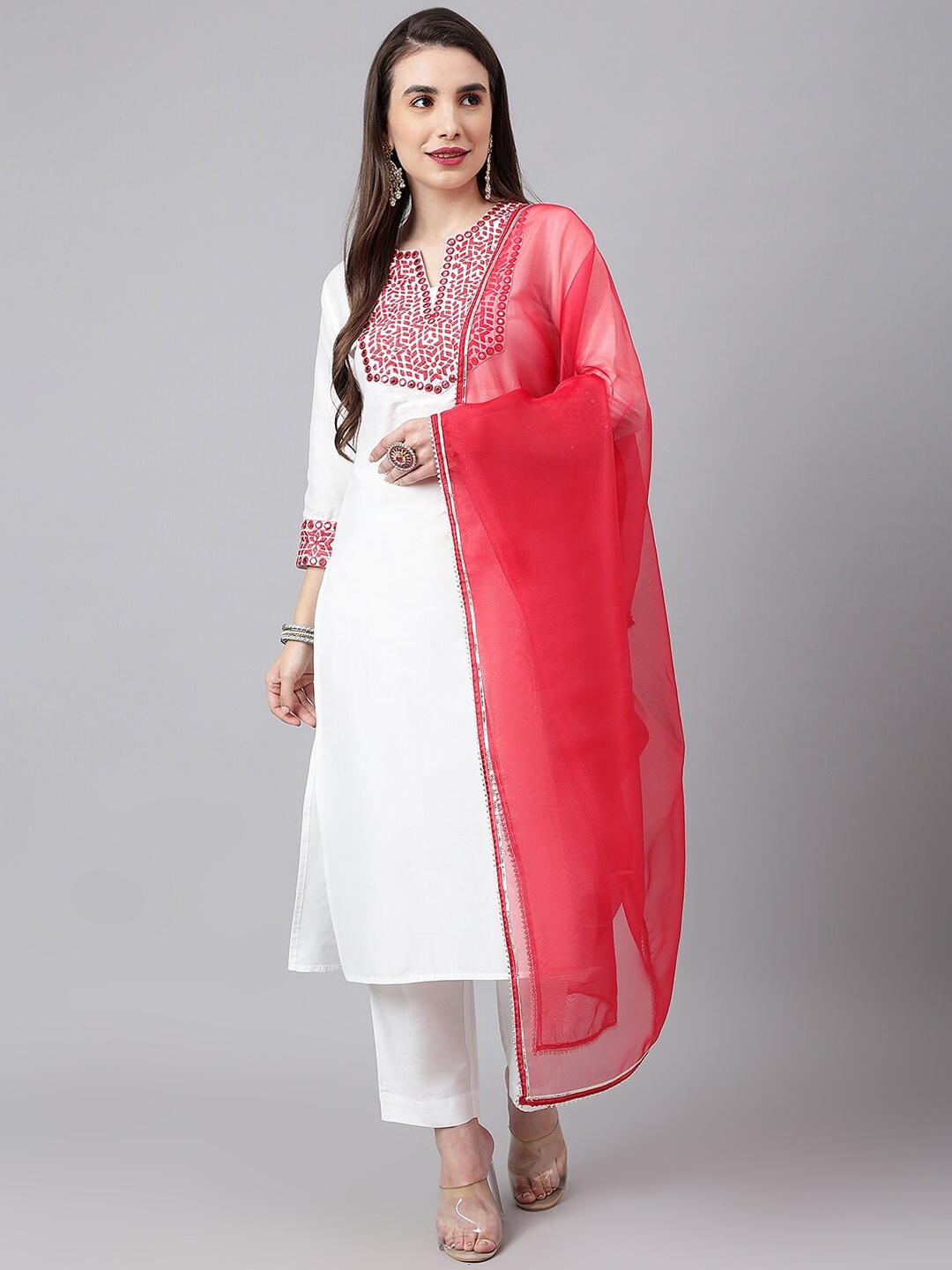 

SIAH Women White Yoke Design Thread Work Kurta with Trouser & Dupatta