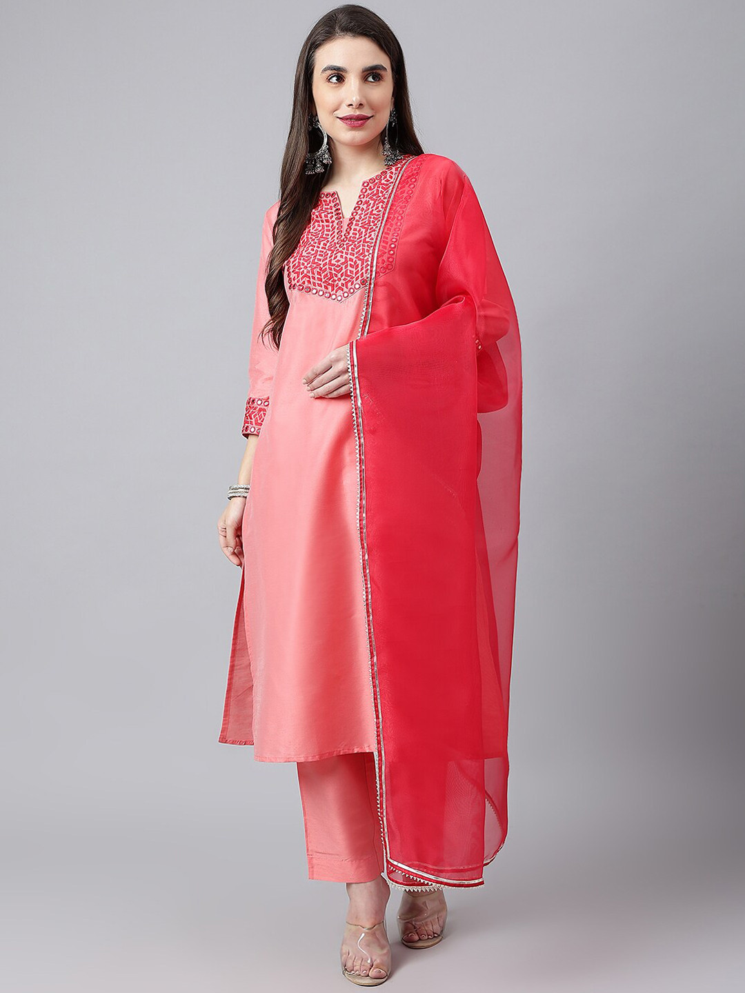 

SIAH Women Peach-Coloured Yoke Design Mirror Work Kurta with Trousers & With Dupatta