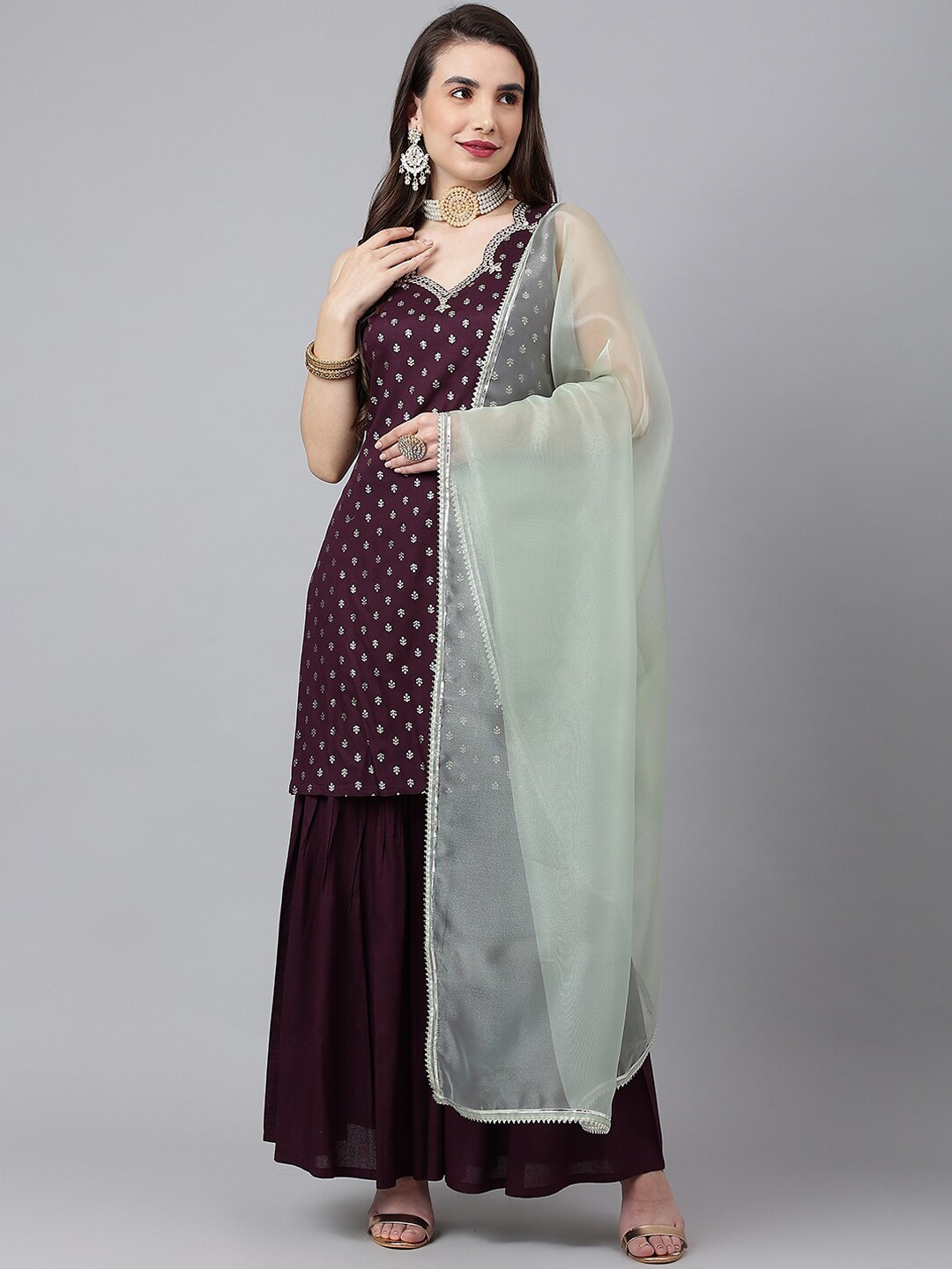 

SIAH Women Purple Floral Printed Mirror Work Kurta with Sharara & With Dupatta Set