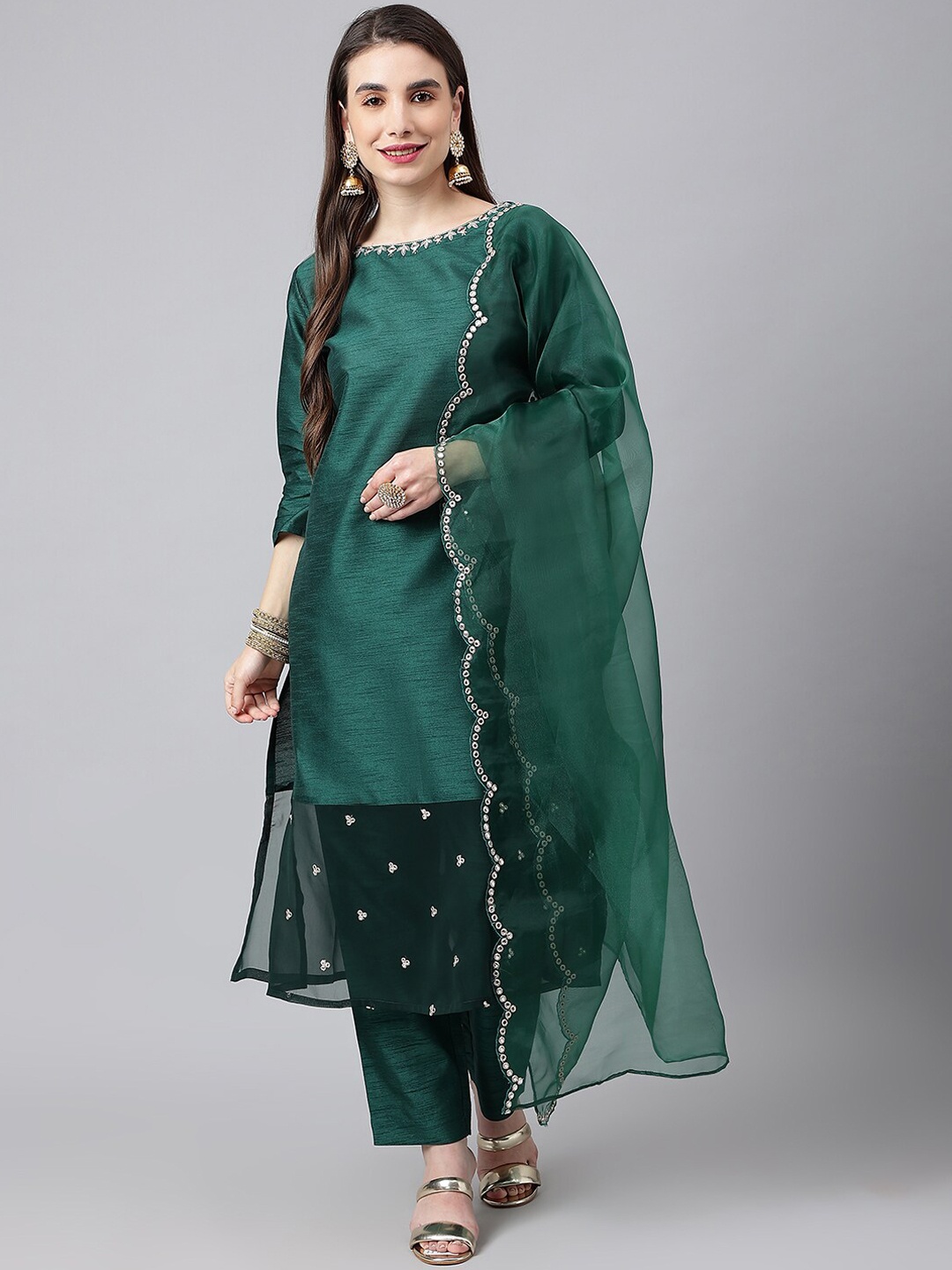 

SIAH Women Green Thread Work Kurta with Trousers & With Dupatta