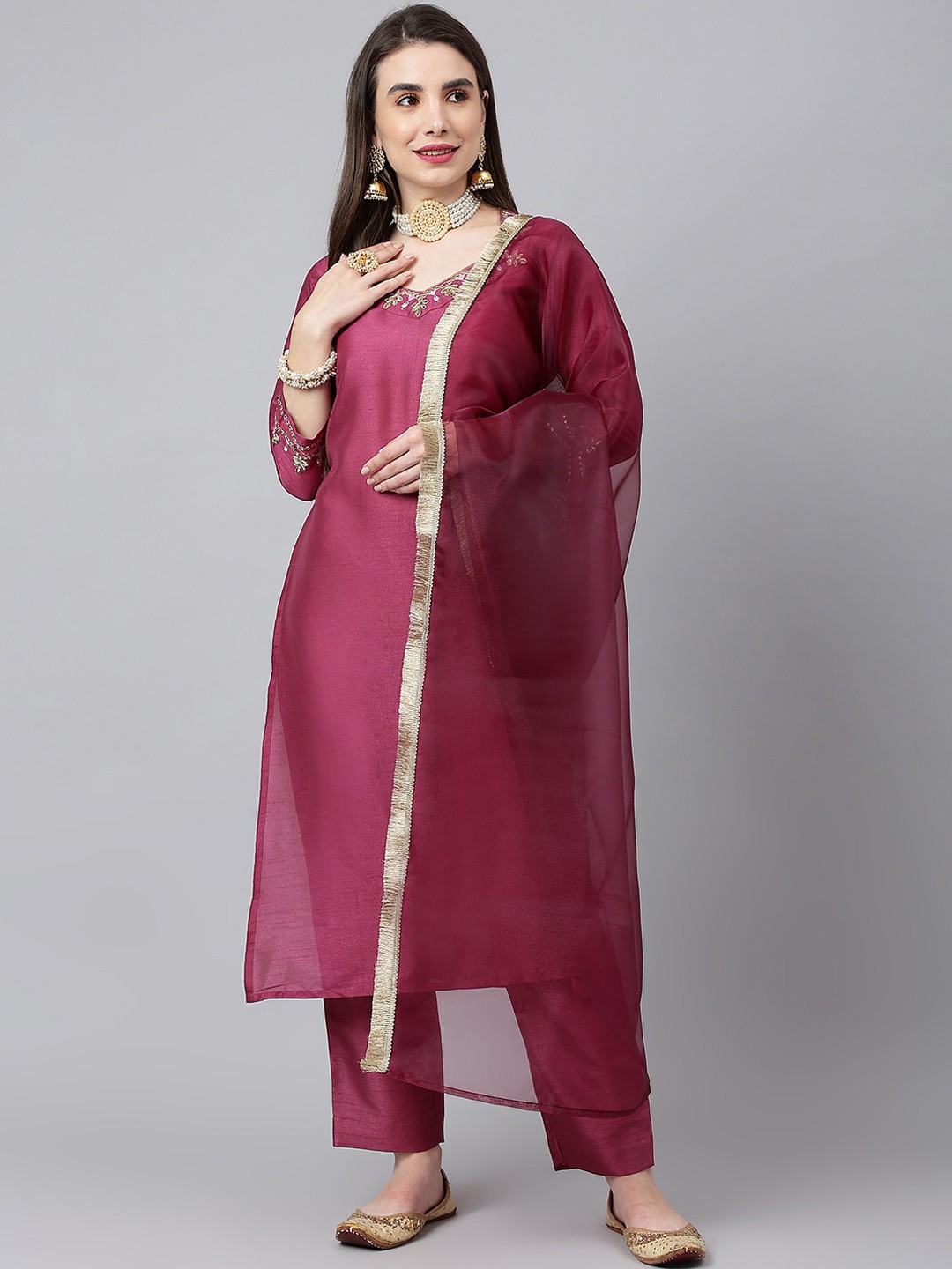 

SIAH Women Purple Silk Crepe Kurta with Trousers & With Dupatta