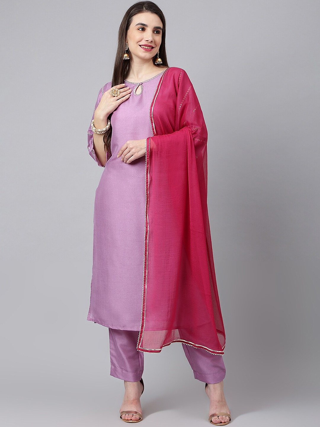 

SIAH Women Lavender Embroidered Gotta Patti Silk Kurta with Trousers & Dupatta