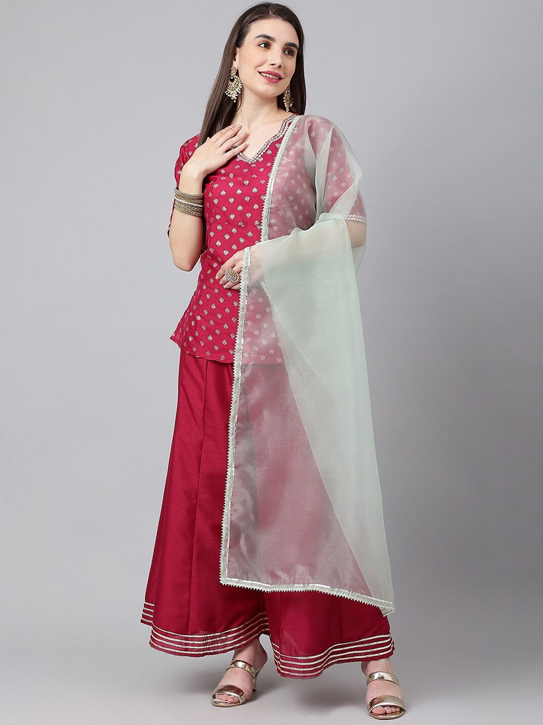 

SIAH Women Maroon Printed Mirror Work Silk Crepe Kurti with Sharara & With Dupatta
