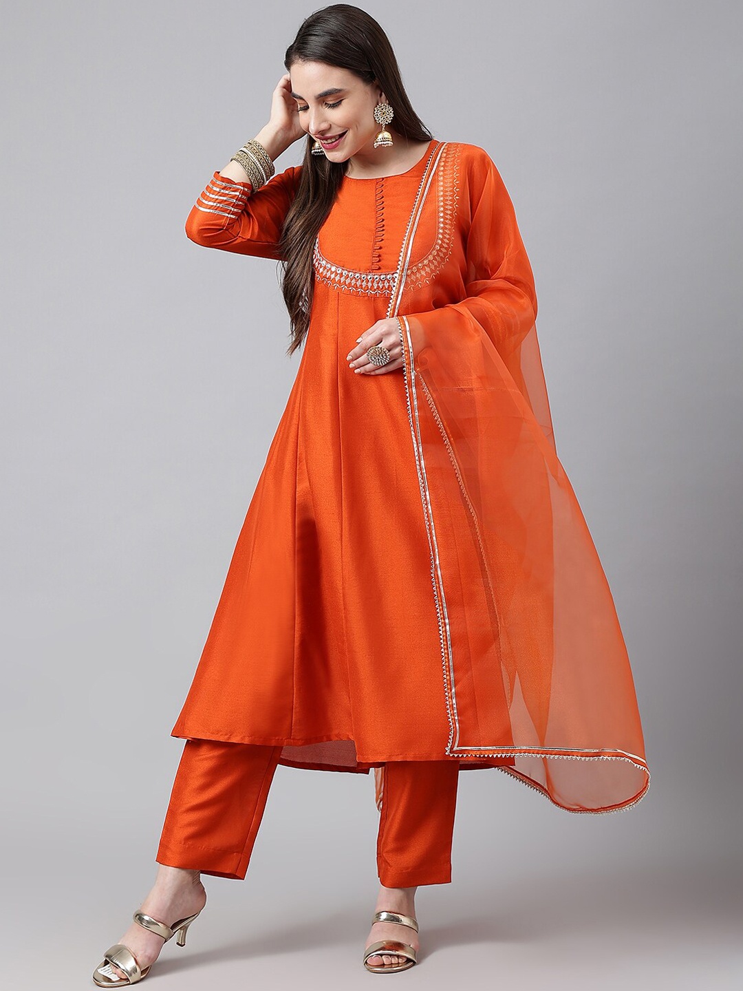

SIAH Women Orange Yoke Design Silk Crepe Kurta with Trousers & With Dupatta