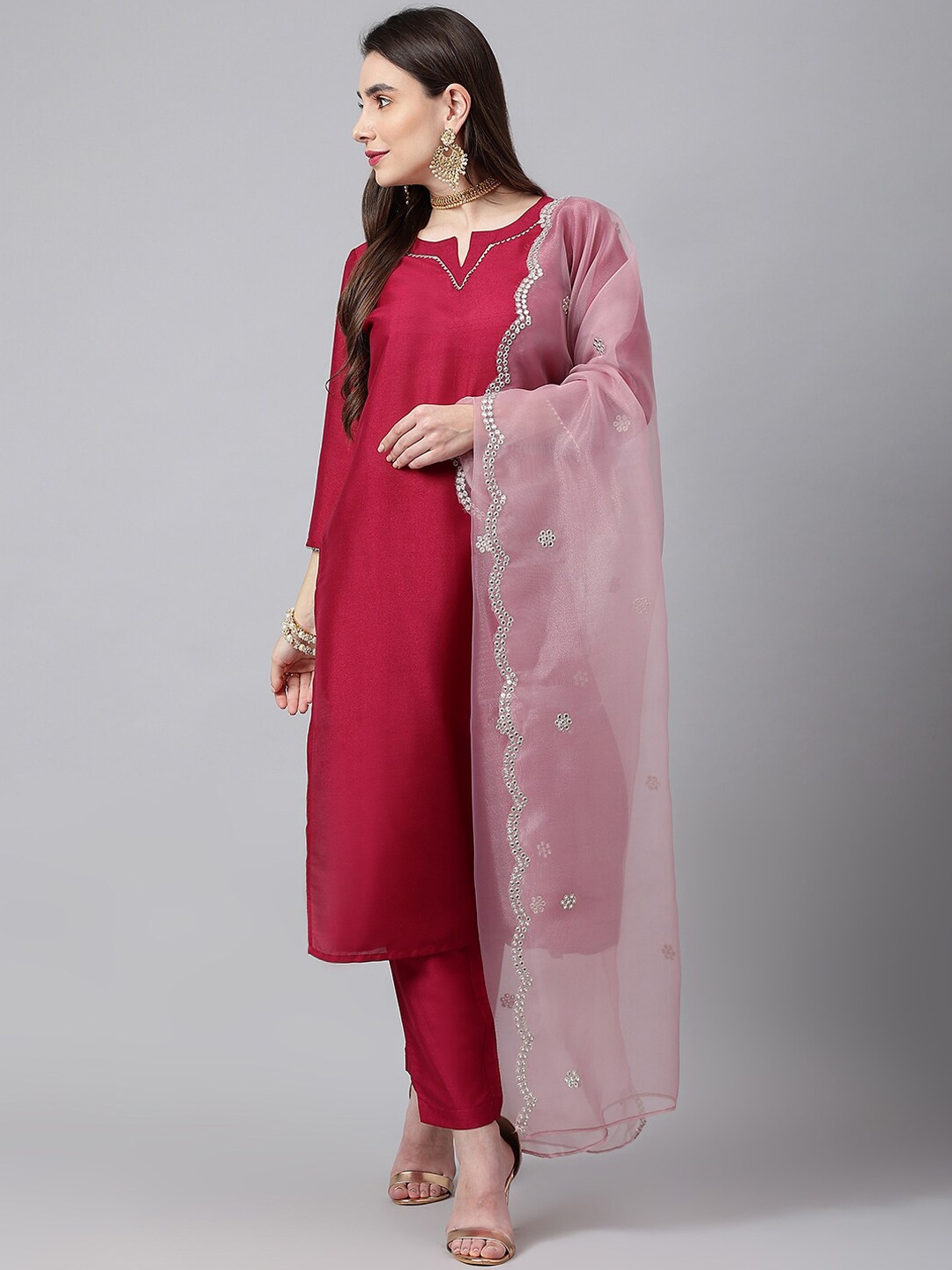 

SIAH Women Red Mirror Work Silk Crepe Kurta with Trousers & With Dupatta
