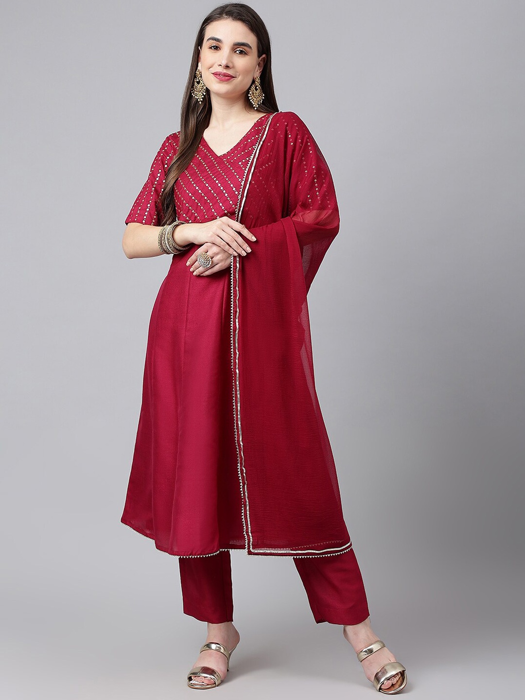 

SIAH Women Maroon Empire Sequinned Silk Crepe Kurta with Trousers & With Dupatta
