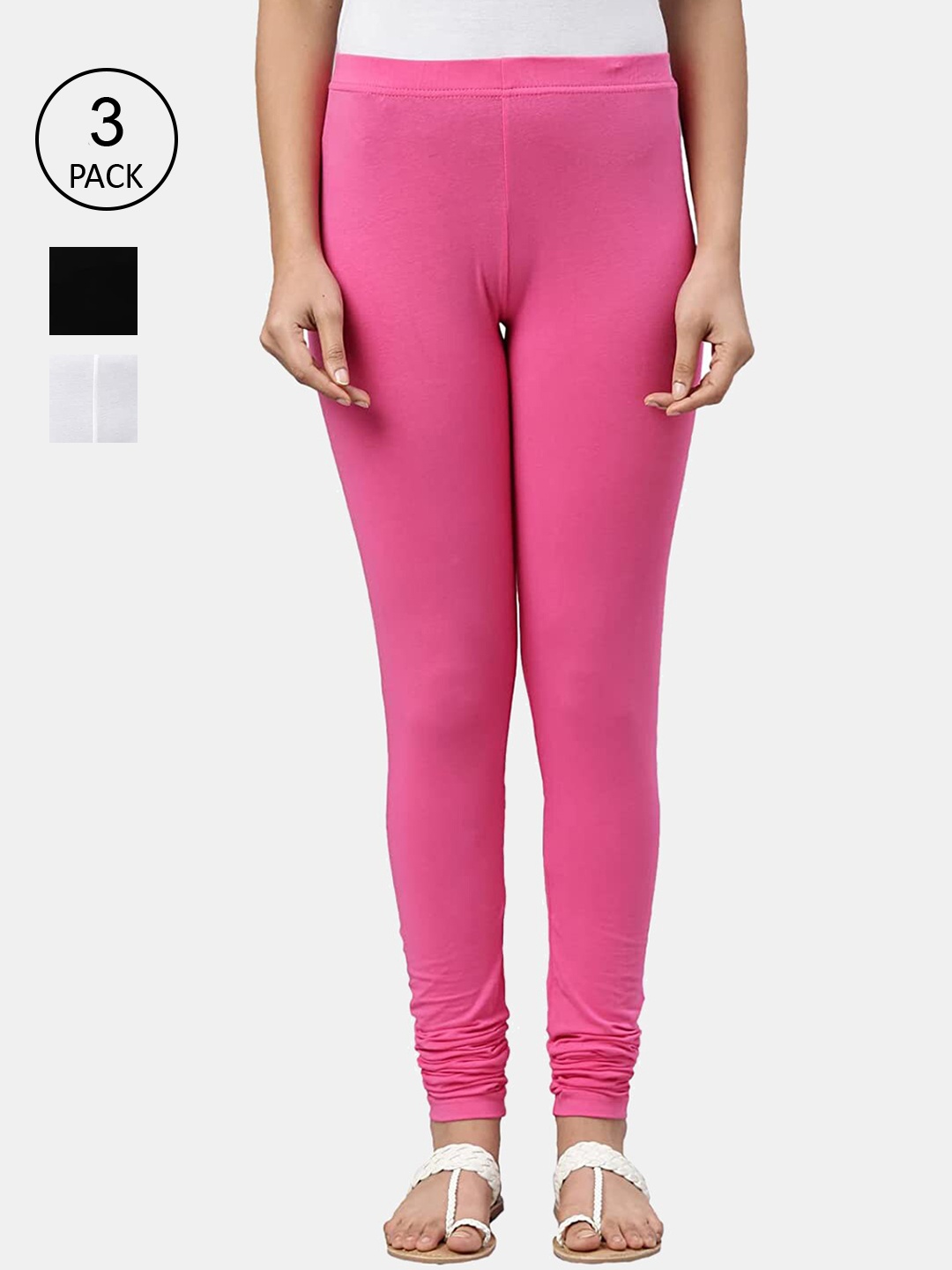 

FRENCH KLEIDER Girls Pack of 3 Pink & White Solid Cotton Churidar-Length Leggings