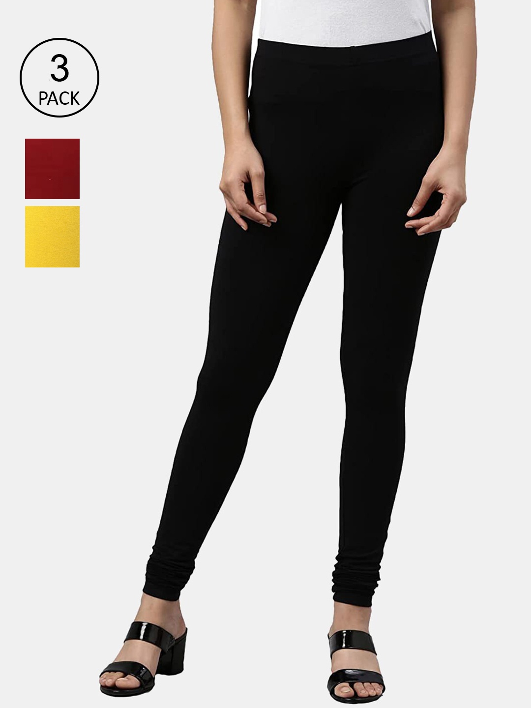 

FRENCH KLEIDER Girls Pack of 3 Solid Cotton Churidar-Length Leggings, Black