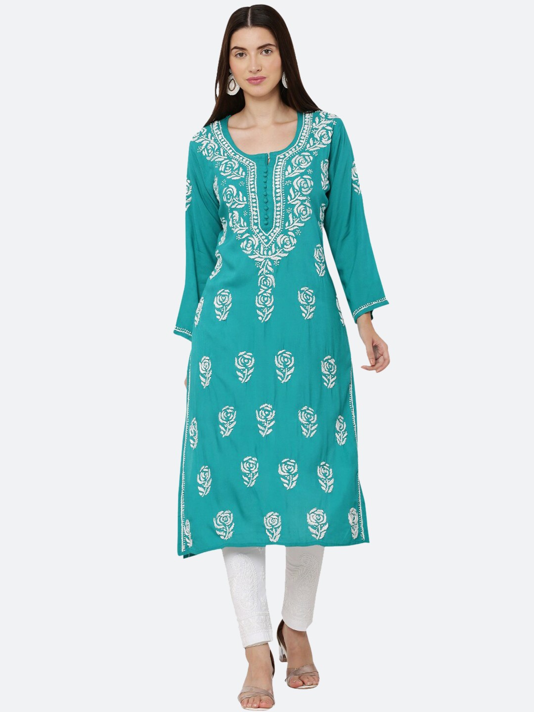 

FAWOMENT Women Green & White Floral Embroidered Thread Work Kurta
