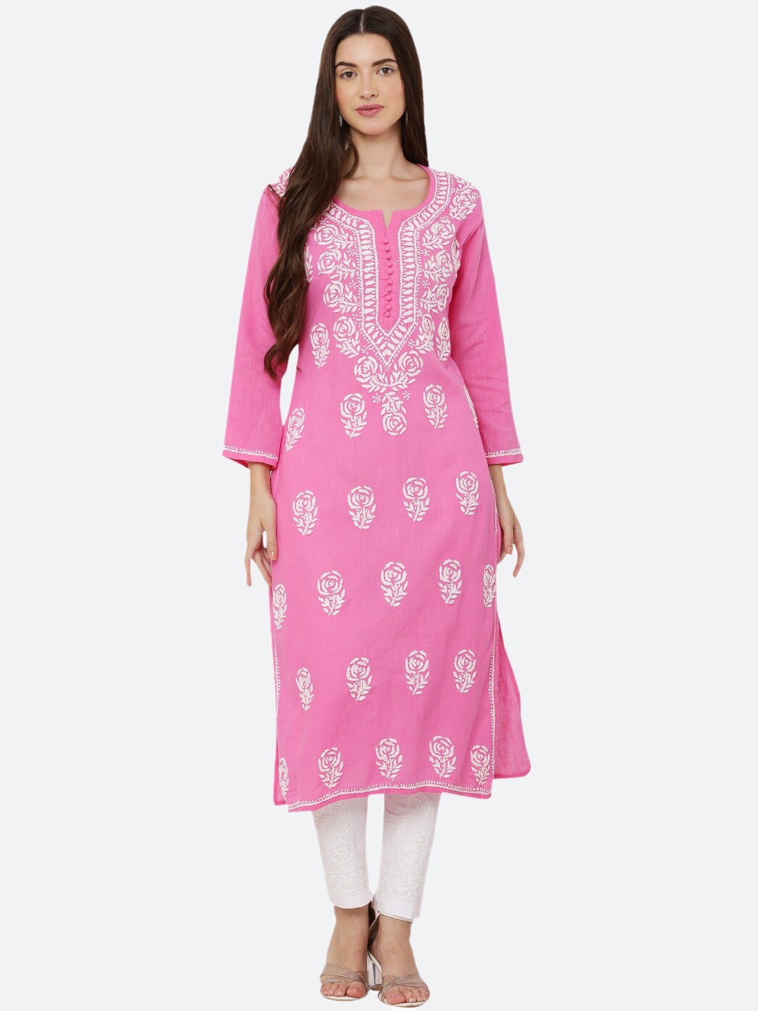 

FAWOMENT Women Pink & White Embroidered Chikankari Straight Kurta
