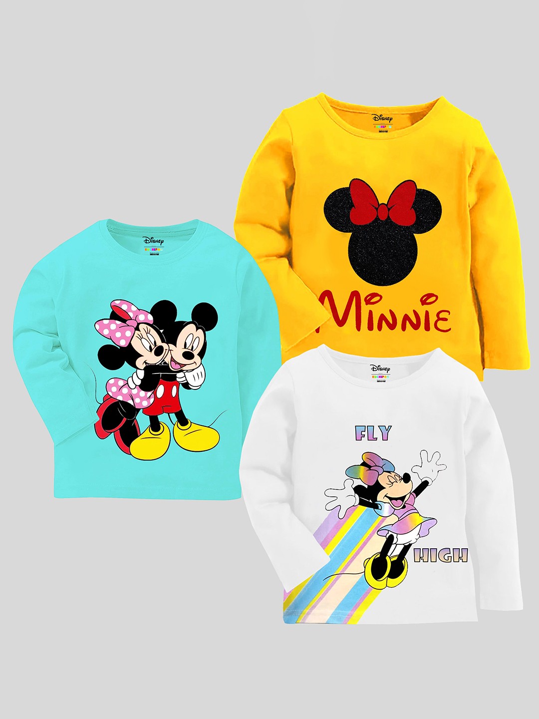 

KUCHIPOO Pack Of 3 Girls Blue & Yellow Printed Cotton T-shirt