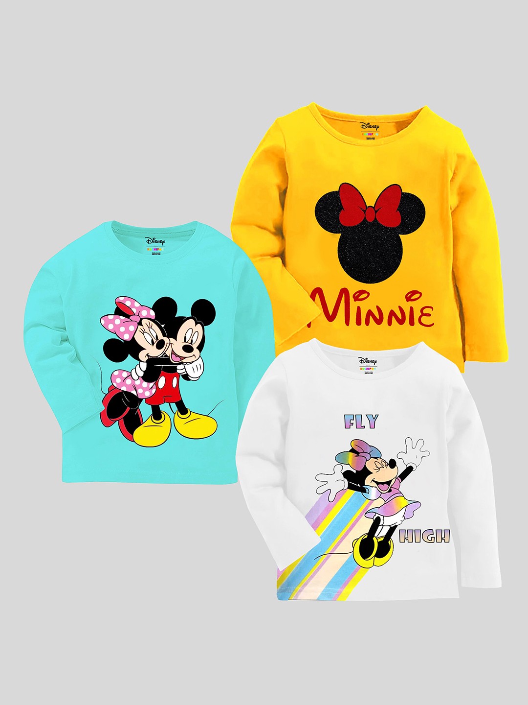 

KUCHIPOO Girls Pack Of 3 Minnie Printed Long Sleeves Cotton T Shirt, Yellow