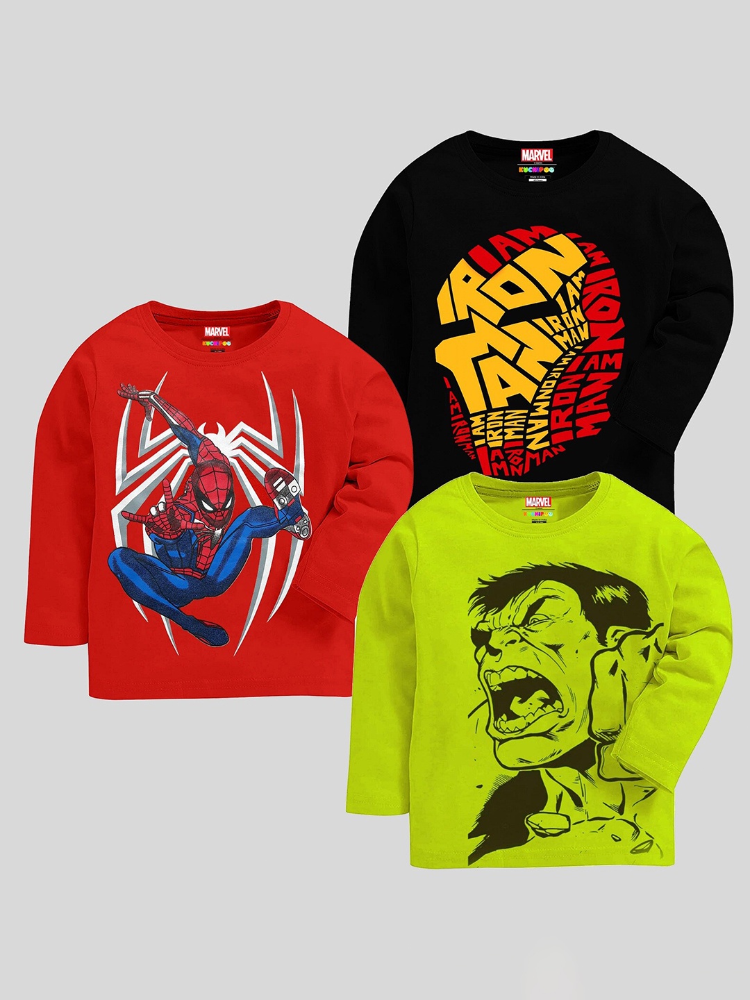 

KUCHIPOO Boys Pack Of 3 Marvel Printed T-shirt, Fluorescent green