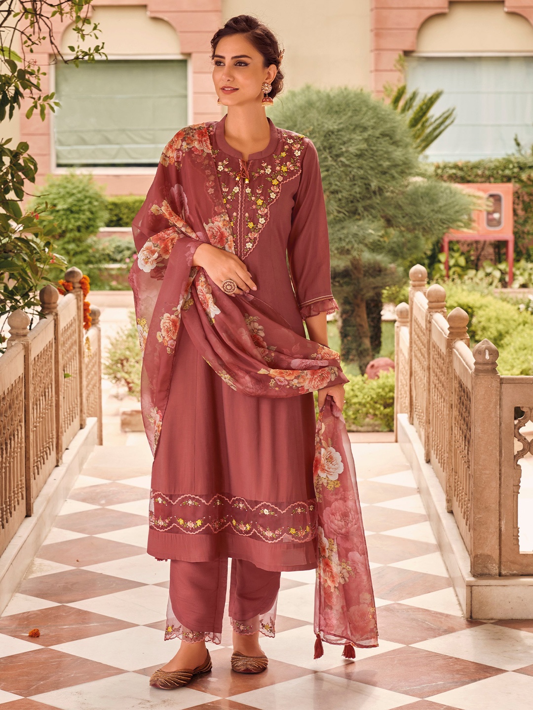 

AUTUMN LANE Women Brown Embroidered Thread Work Kurta with Trouser & With Dupatta