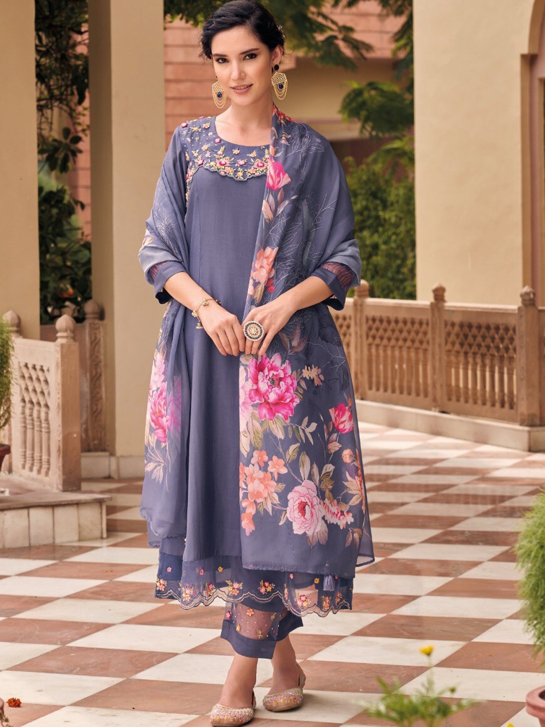 

AUTUMN LANE Women Blue Embroidered Patchwork Kurta with Trousers & Dupatta
