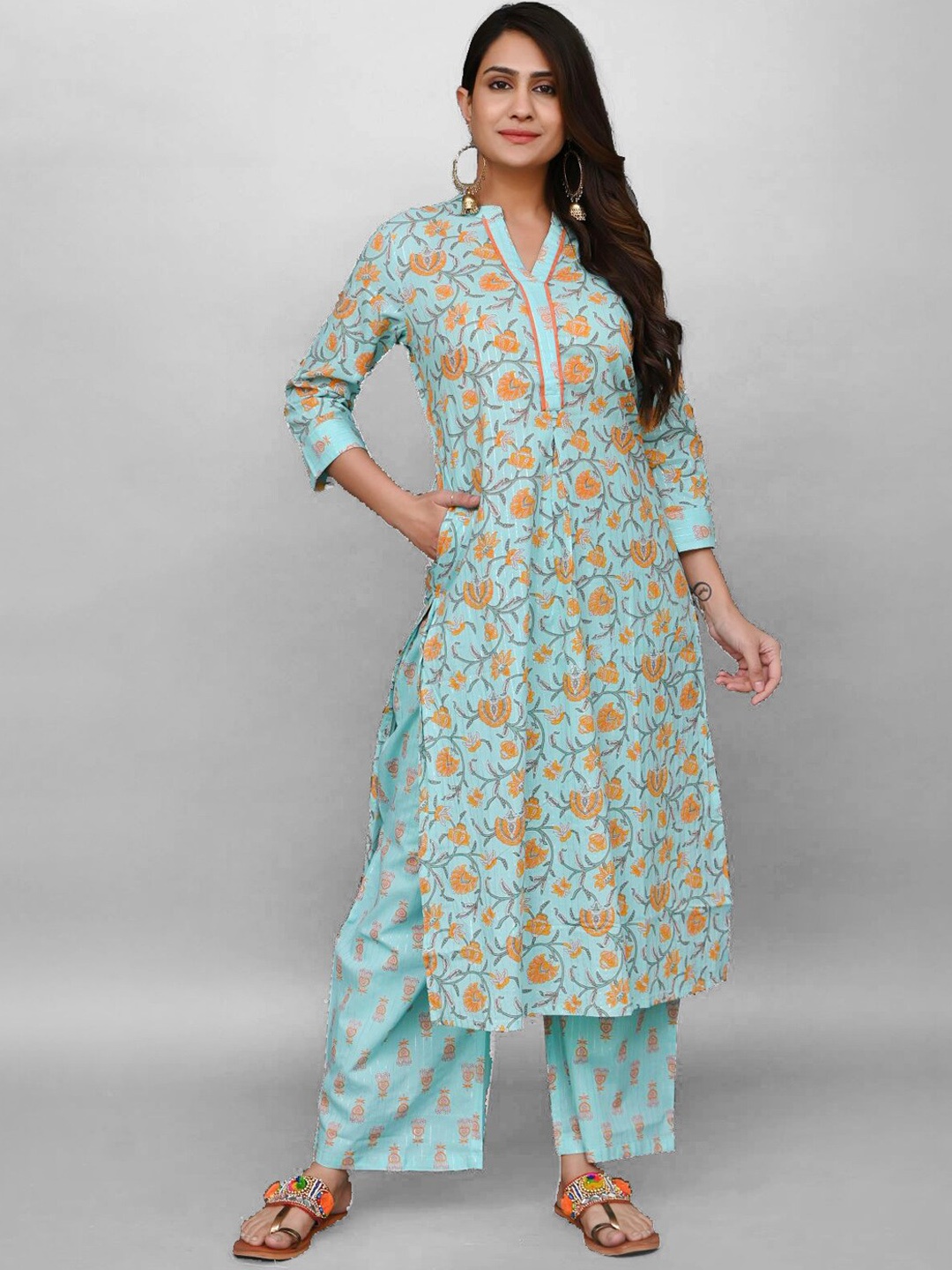 

PRAKRTEE Women Sea Green Floral Printed Pure Cotton Kurta with Palazzos
