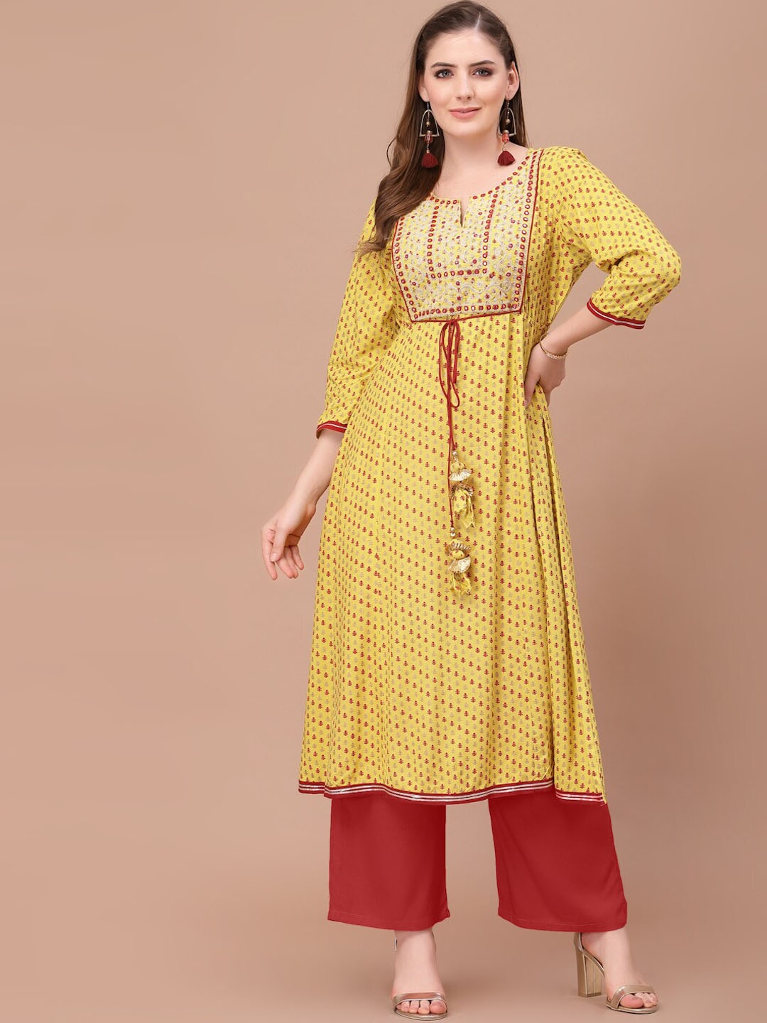 

PRAKRTEE Women Yellow Floral Embroidered Keyhole Neck Mirror Work Kurta
