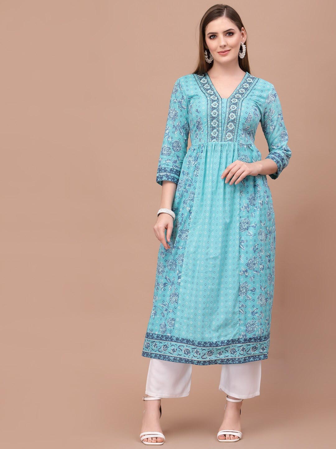 

PRAKRTEE Women Turquoise Blue Printed Cotton A Line Kurta