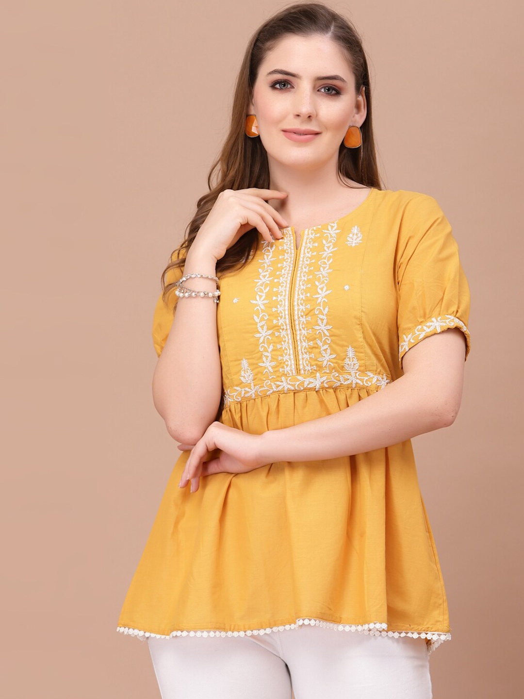 

PRAKRTEE Women Mustard Yellow Pure Cotton Embroidered Top