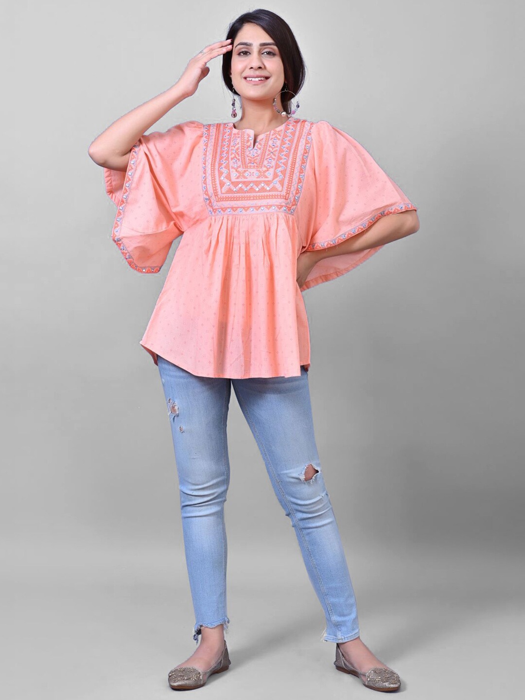 

PRAKRTEE Women Coral Embroidered Empire Top