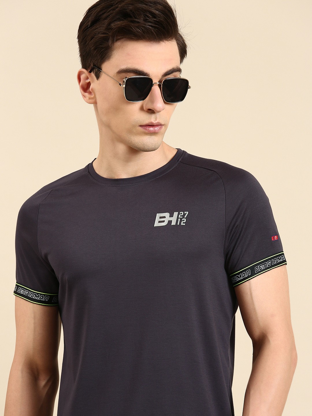 

Being Human Men Solid Pure Cotton Applique Casual T-shirt, Charcoal