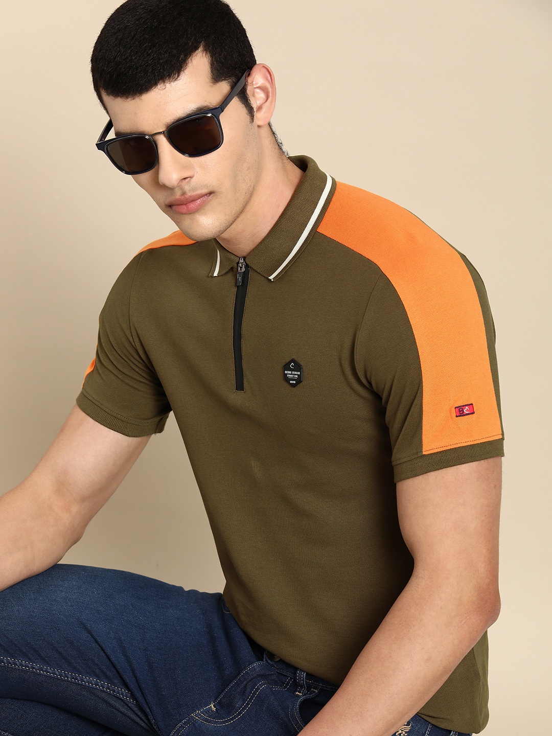 

Being Human Men Colourblocked Polo Collar T-shirt, Olive