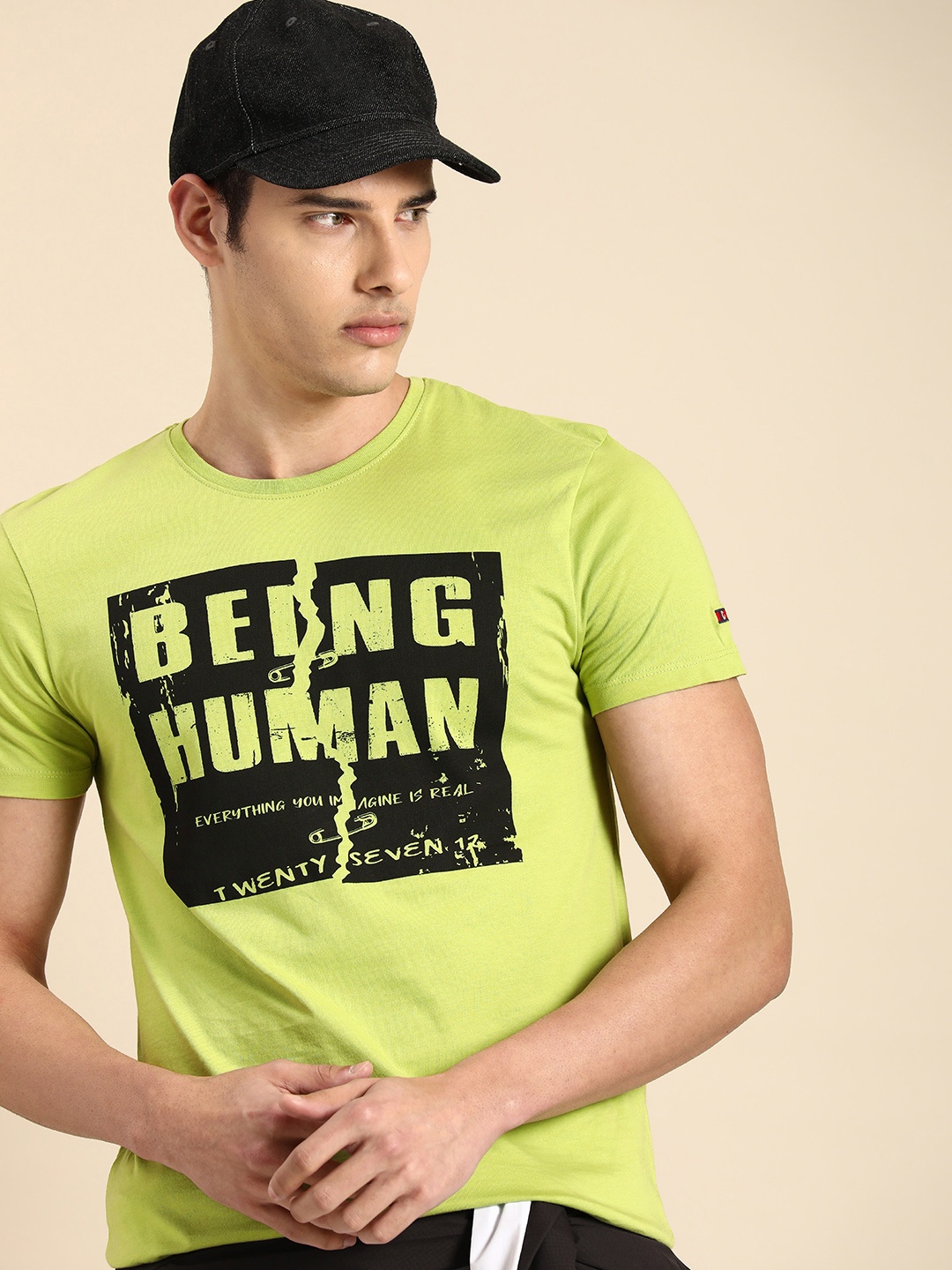 

Being Human Clothing Men Pure Cotton Brand Logo Printed Round Neck T-shirt, Green