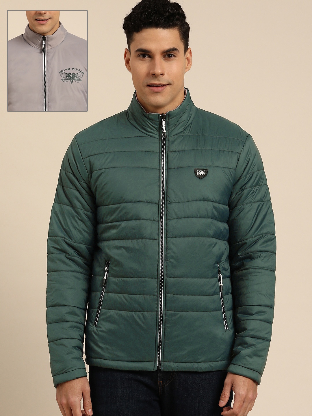 

Being Human Men Solid Mock-Collar Reversible Padded Jacket, Green