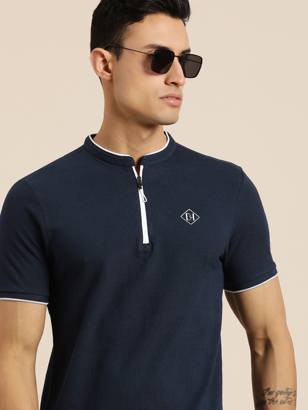 

Being Human Men Navy Blue Mandarin Collar Pure Cotton Slim Fit T-shirt With Brand Logo