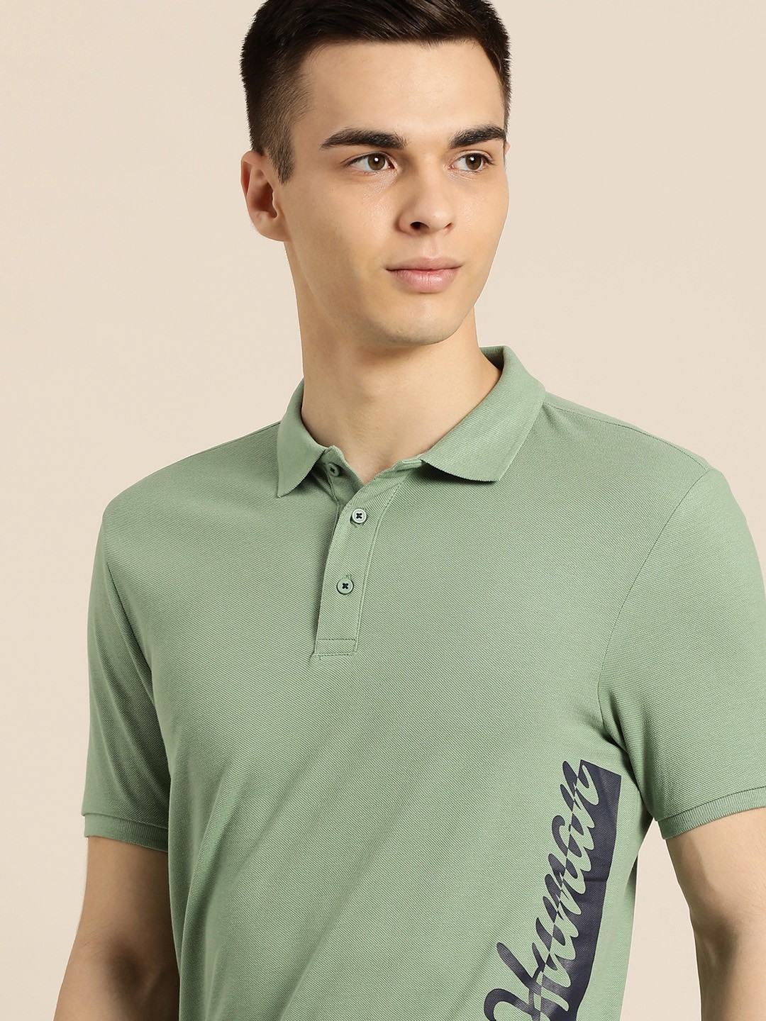 

Being Human Men Olive Green Typography Printed Polo Collar T-shirt