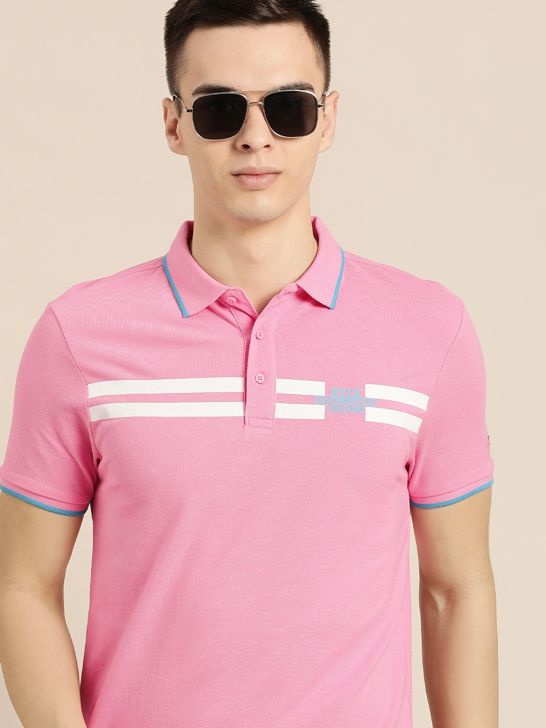 

Being Human Men Pink Striped Polo Collar Pure Cotton T-shirt