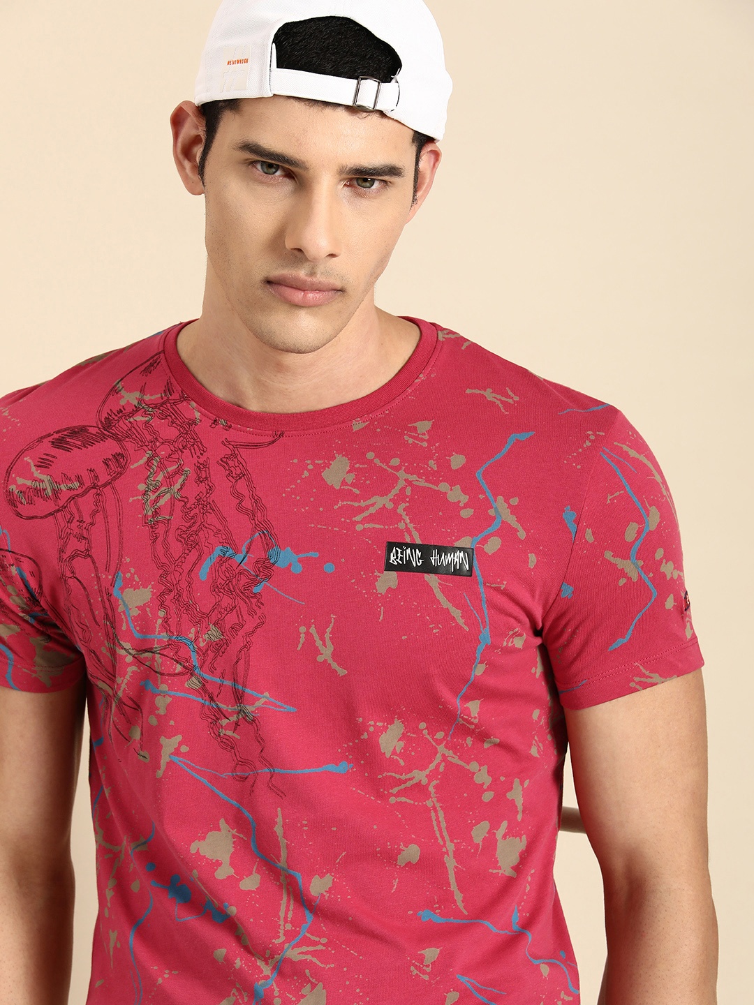 

Being Human Clothing Men Pure Cotton Printed Applique Round Neck T-shirt, Fuchsia