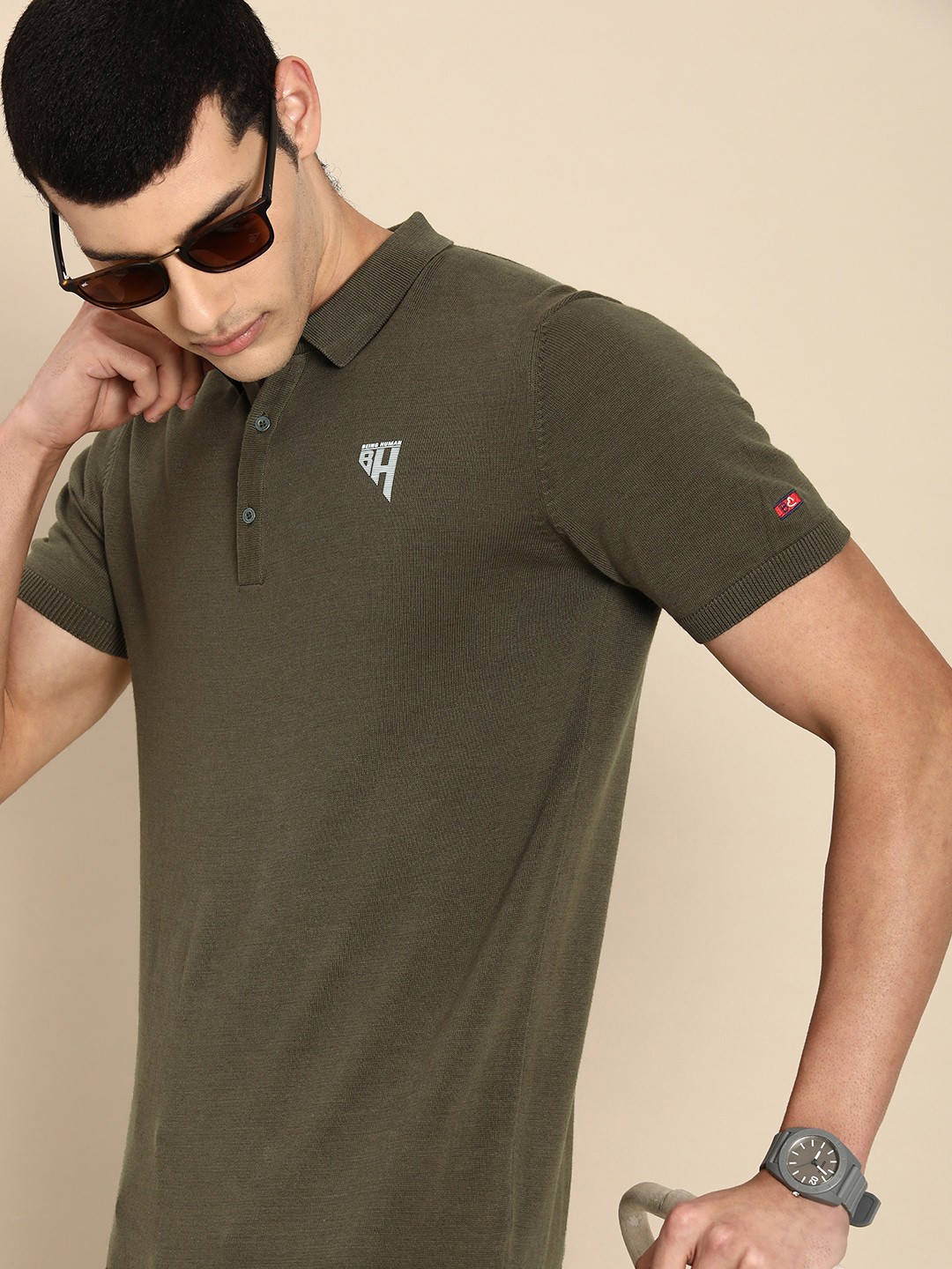 

Being Human Men Brand Logo Polo Collar Pure Cotton T-shirt, Olive