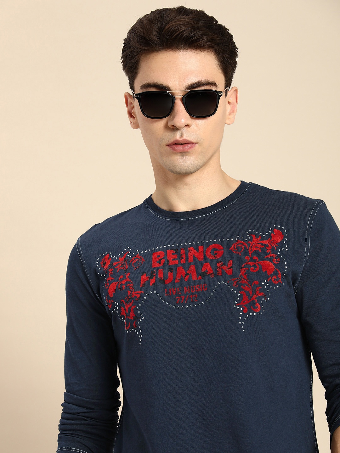

Being Human Clothing Men Pure Cotton Brand Logo Printed Applique T-shirt, Navy blue