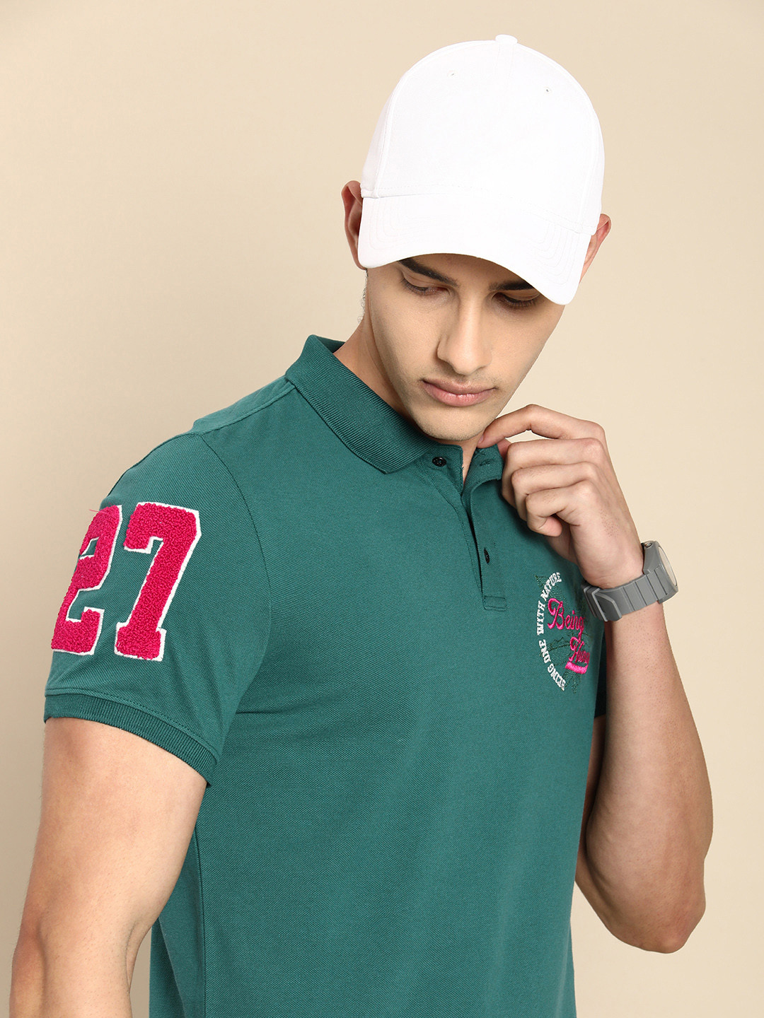 

Being Human Men Brand Logo Printed Polo Collar Pure Cotton T-shirt, Teal