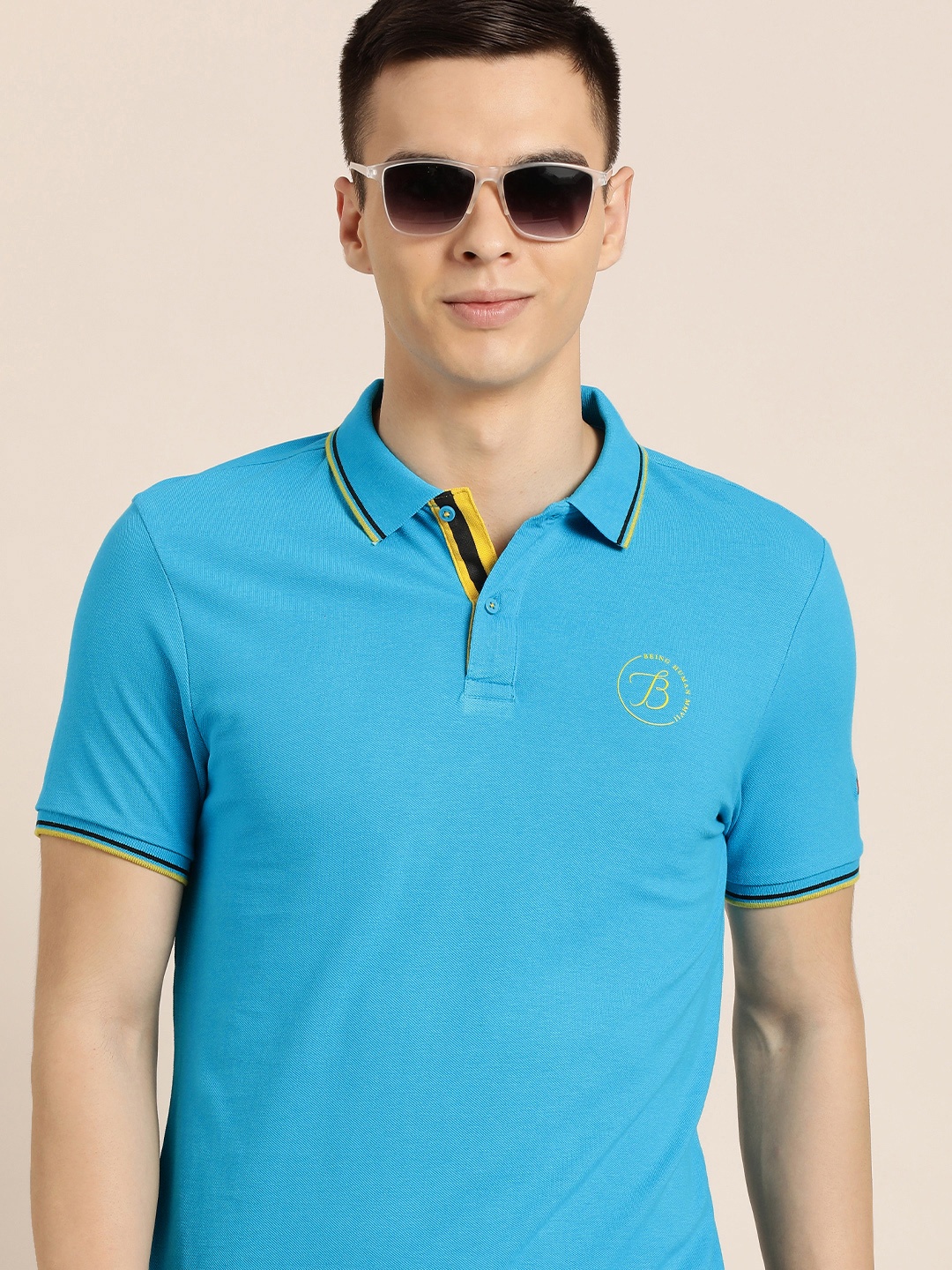 

Being Human Men Blue Polo Collar Indigo Pure Cotton Slim Fit T-shirt With Brand Logo Print