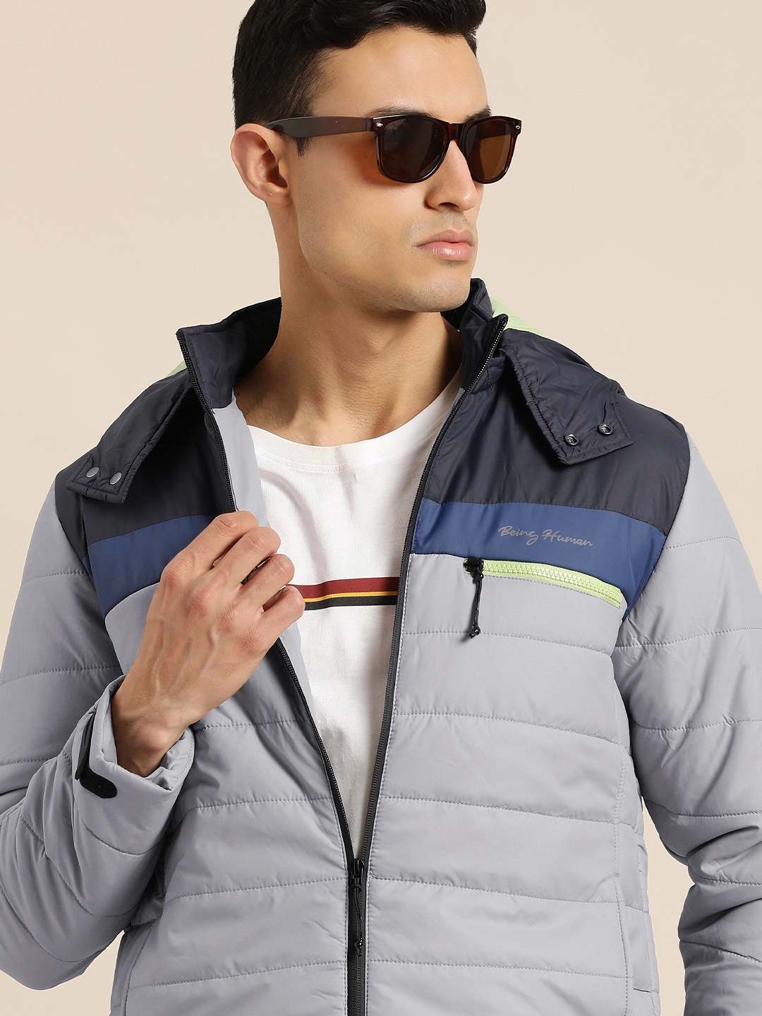 

Being Human Men Grey & Black Colourblocked Hooded Padded Jacket